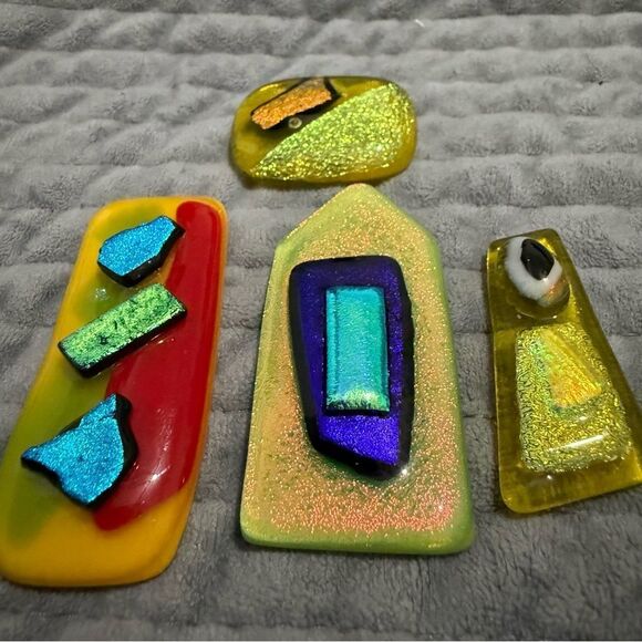 Set of 4 Dichroic Glass Art Pieces – Bright Abstract with Rainbow Accents - Picture 10 of 17